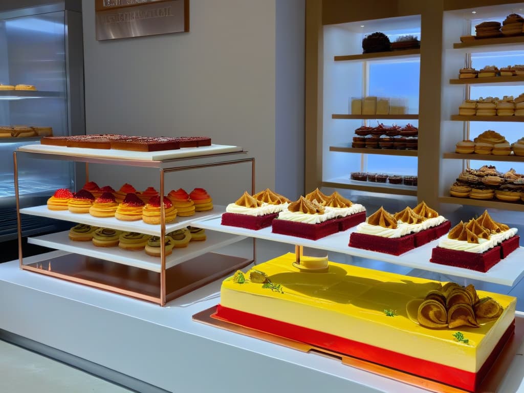  A highresolution image of a sleek, modern bakery kitchen with stainless steel countertops, shiny copper pots hanging on a rack, a marble pastry table with intricate sugar sculptures, and a display of elegantly plated desserts featuring classic flavors like tiramisu, lemon tart, and red velvet cake, all presented in a contemporary and artistic manner. hyperrealistic, full body, detailed clothing, highly detailed, cinematic lighting, stunningly beautiful, intricate, sharp focus, f/1. 8, 85mm, (centered image composition), (professionally color graded), ((bright soft diffused light)), volumetric fog, trending on instagram, trending on tumblr, HDR 4K, 8K