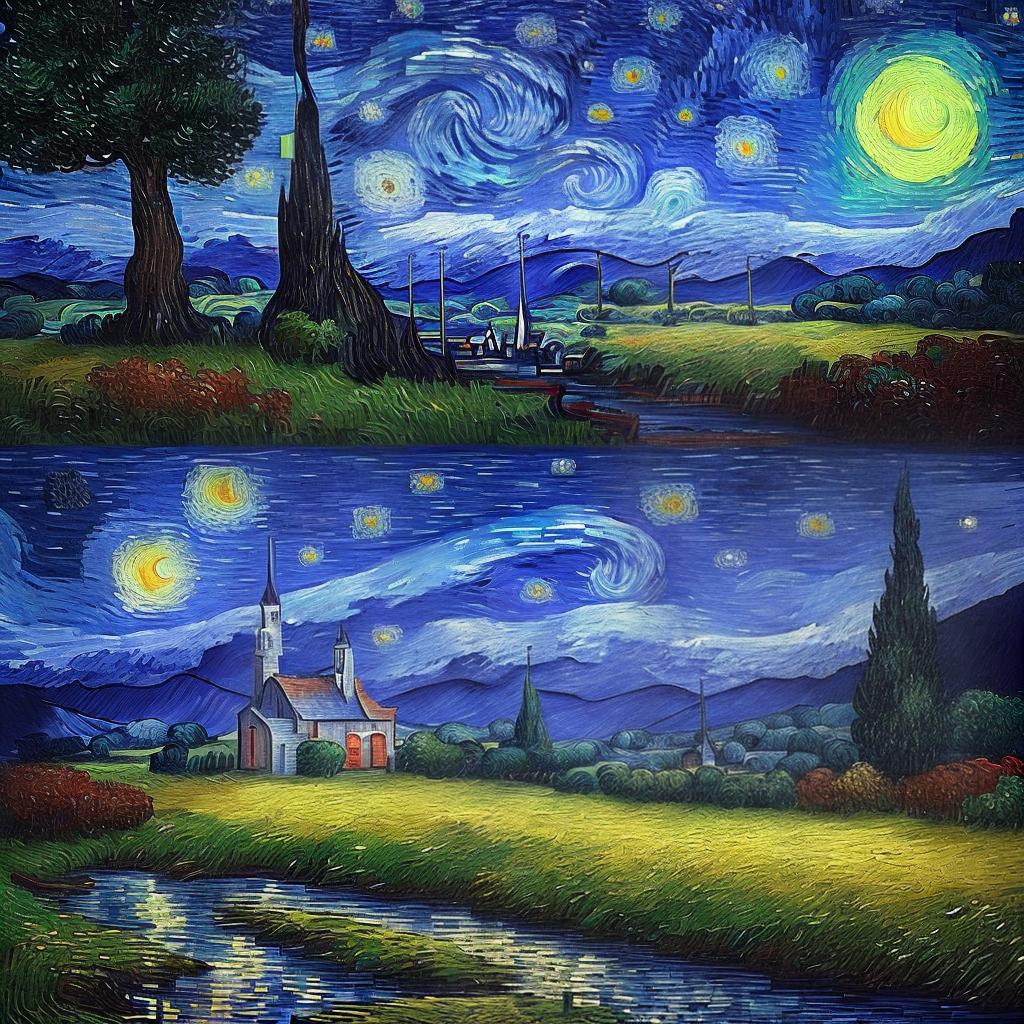  A Van Gogh style painting, ((masterpiece)), (((best quality))), 8k, high detailed, ultra-detailed. The main subject of the scene is a starry night over a small village. The main elements of the scene include a crescent moon, swirling stars, ((cypress trees)) in the foreground, a quaint village with ((colorful houses)) nestled beneath the trees, and a winding road leading into the distance. The painting is characterized by thick brushstrokes, vibrant colors, and a sense of movement and emotion. The lighting is ethereal, with the moon and stars casting a warm glow over the landscape. hyperrealistic, full body, detailed clothing, highly detailed, cinematic lighting, stunningly beautiful, intricate, sharp focus, f/1. 8, 85mm, (centered image composition), (professionally color graded), ((bright soft diffused light)), volumetric fog, trending on instagram, trending on tumblr, HDR 4K, 8K
