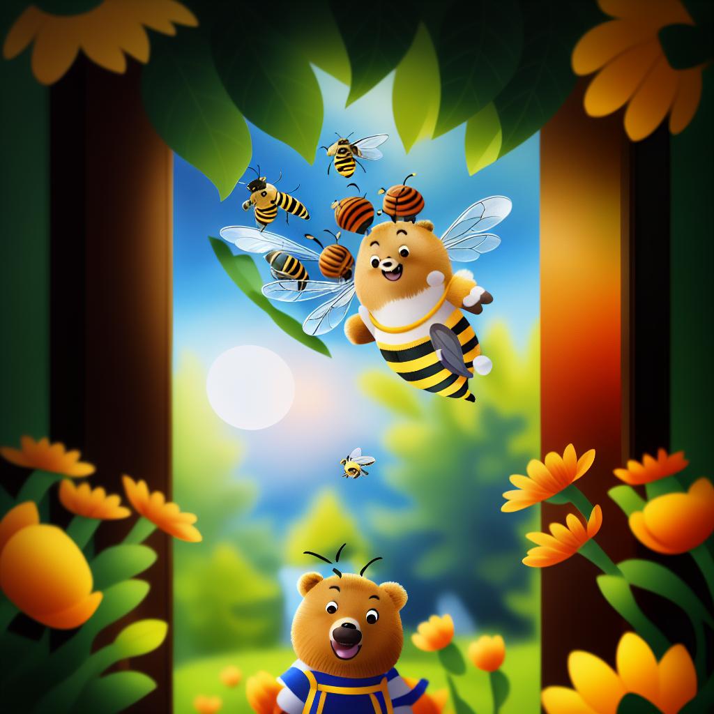  a bee is flying from the window, a bear is standing in front of the door, inthe cabin, light from the window