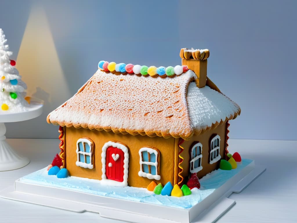  An intricately decorated gingerbread house with colorful gumdrops, candy canes, and royal icing details, set against a snowy backdrop with twinkling lights and a light dusting of powdered sugar, evoking a whimsical and festive holiday spirit. hyperrealistic, full body, detailed clothing, highly detailed, cinematic lighting, stunningly beautiful, intricate, sharp focus, f/1. 8, 85mm, (centered image composition), (professionally color graded), ((bright soft diffused light)), volumetric fog, trending on instagram, trending on tumblr, HDR 4K, 8K