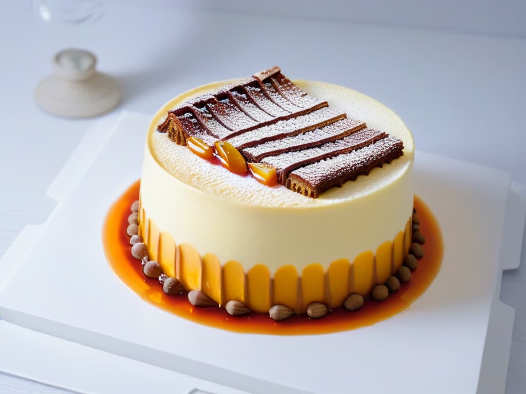  An ultradetailed closeup image of a beautifully crafted fusion dessert, showcasing intricate layers of a traditional flan infused with exotic spices and topped with a delicate caramel lattice, set against a sleek, monochromatic backdrop to emphasize the artistry and elegance of the dish. hyperrealistic, full body, detailed clothing, highly detailed, cinematic lighting, stunningly beautiful, intricate, sharp focus, f/1. 8, 85mm, (centered image composition), (professionally color graded), ((bright soft diffused light)), volumetric fog, trending on instagram, trending on tumblr, HDR 4K, 8K