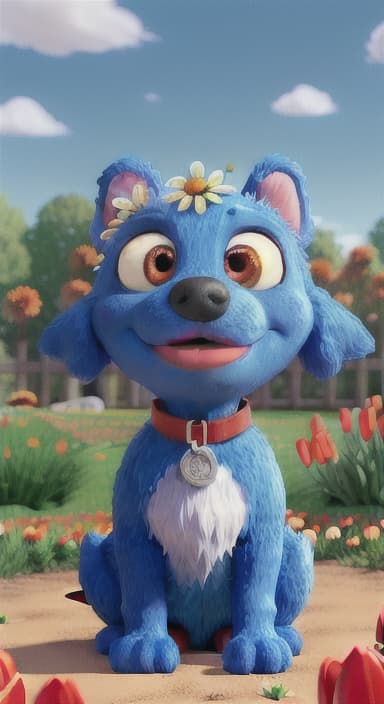  {The red ball nestled in a bed of colorful flowers like daisies and tulips, The big blue dog is large with sky blue fur, big round eyes, a black nose, and floppy ears.