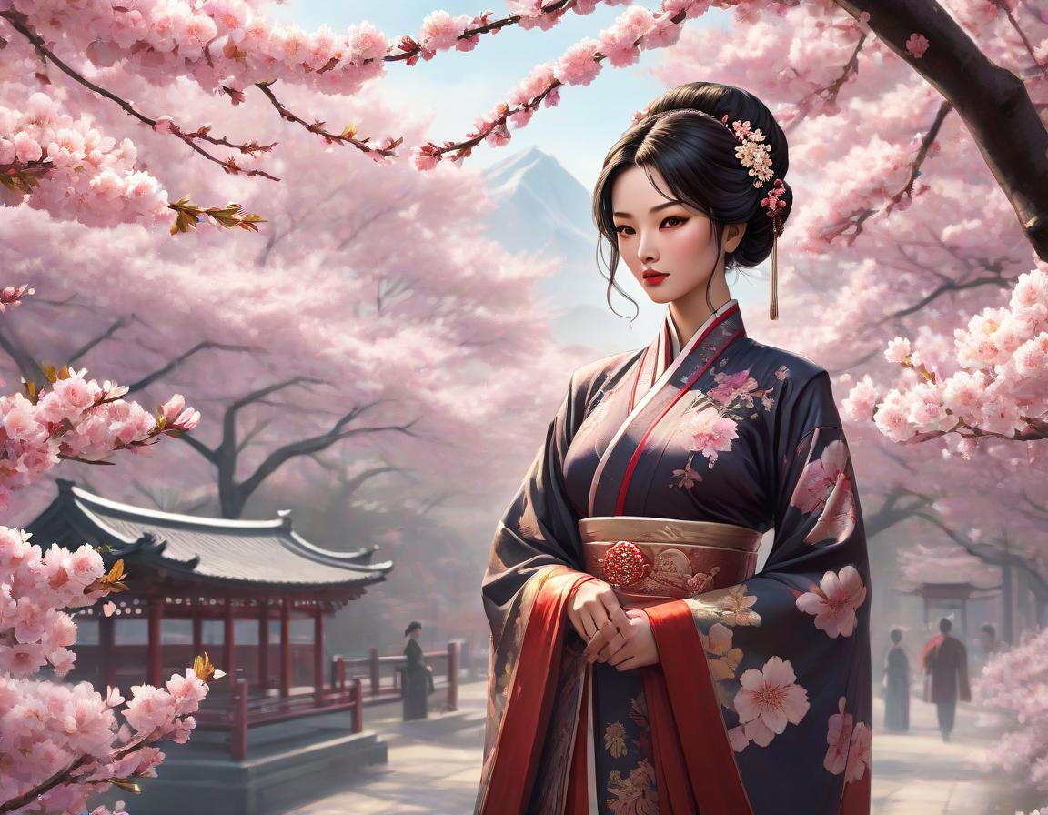  concept art An illustration of a woman in traditional Asian attire with intricate jewelry, against a backdrop of cherry blossoms. . digital artwork, illustrative, painterly, matte painting, highly detailed hyperrealistic, full body, detailed clothing, highly detailed, cinematic lighting, stunningly beautiful, intricate, sharp focus, f/1. 8, 85mm, (centered image composition), (professionally color graded), ((bright soft diffused light)), volumetric fog, trending on instagram, trending on tumblr, HDR 4K, 8K