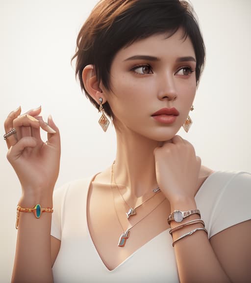  professional 3d model (((1girl, bracelet, earrings, jewelry, lips, necklace, nose, own hands together, pendant, realistic, short hair, solo, watch, wristwatch))) . octane render, highly detailed, volumetric, dramatic lighting