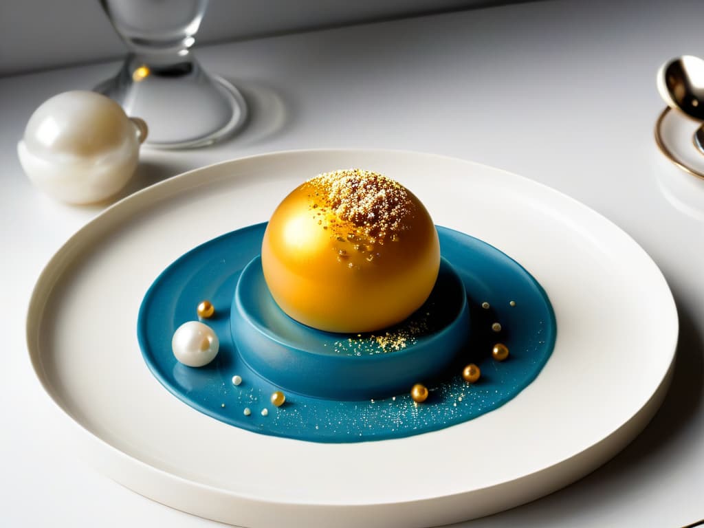  A closeup, ultradetailed image of a modern, sleek molecular gastronomy dessert featuring a perfectly spherical mousse element with a mirrorlike glaze, delicately placed on a pristine white plate. The mousse is adorned with intricate edible pearls, shimmering gold leaf, and a dusting of vibrant, contrasting powdered flavors, creating a visually stunning and avantgarde presentation that exemplifies the artistry of molecular pastry techniques. hyperrealistic, full body, detailed clothing, highly detailed, cinematic lighting, stunningly beautiful, intricate, sharp focus, f/1. 8, 85mm, (centered image composition), (professionally color graded), ((bright soft diffused light)), volumetric fog, trending on instagram, trending on tumblr, HDR 4K, 8K