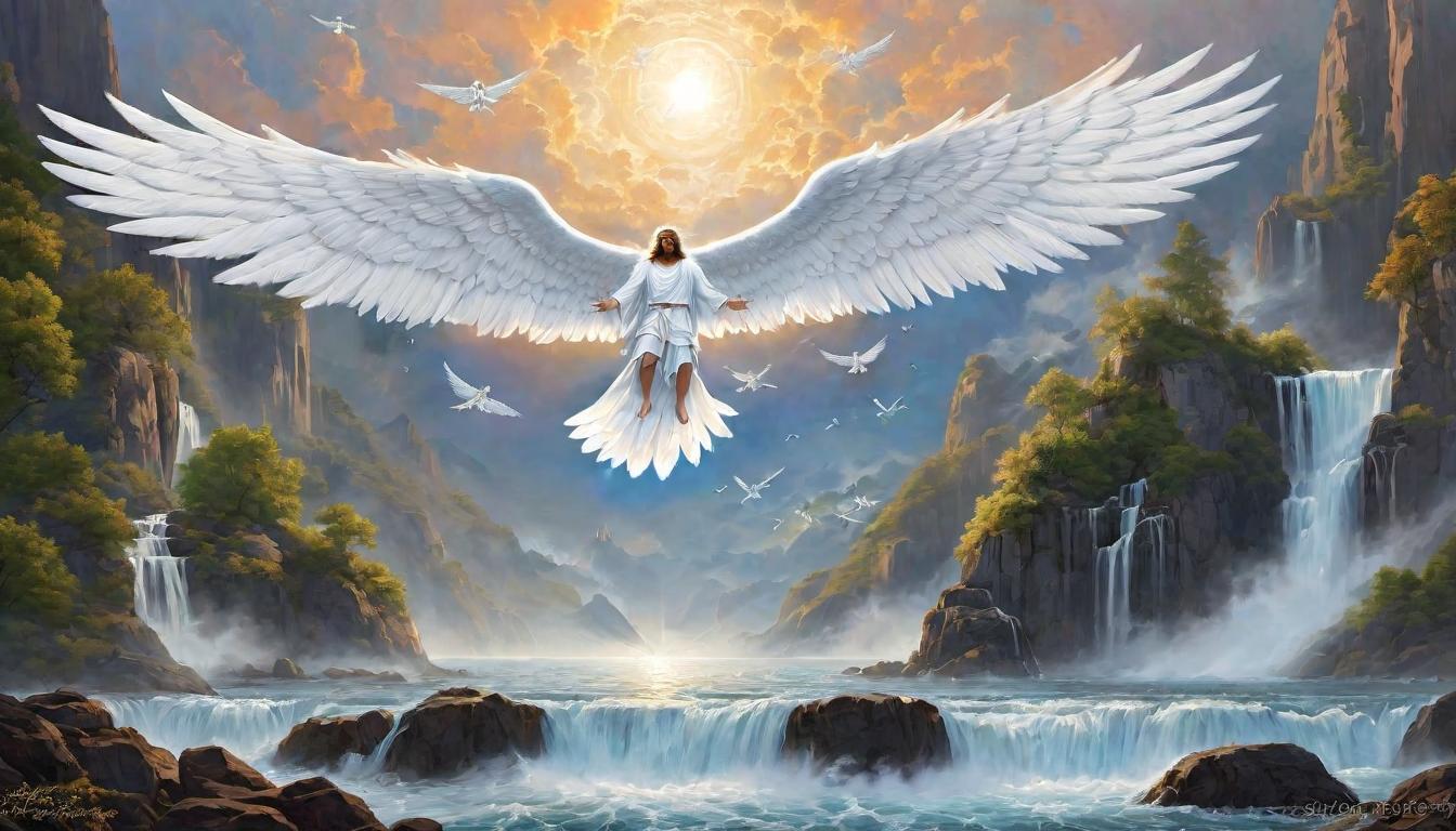  digital painting of Guided by male angels, a serene descent, hands gently poised, celestial escort, divine arrival, harmony between heaven and earth looking at viewer, dynamic pose, (intricate details, masterpiece, best quality)