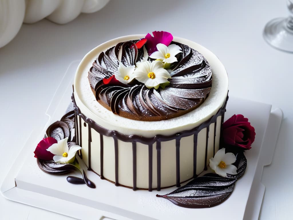  An ultradetailed black and white closeup image of a delicate, intricate pastry created by a master pastry chef. The pastry is adorned with flawless edible flowers, meticulously placed pearls of sugar, and intricate chocolate swirls, all sitting on a pristine white plate. The lighting captures every detail, highlighting the skill and artistry that went into crafting this exquisite dessert. hyperrealistic, full body, detailed clothing, highly detailed, cinematic lighting, stunningly beautiful, intricate, sharp focus, f/1. 8, 85mm, (centered image composition), (professionally color graded), ((bright soft diffused light)), volumetric fog, trending on instagram, trending on tumblr, HDR 4K, 8K