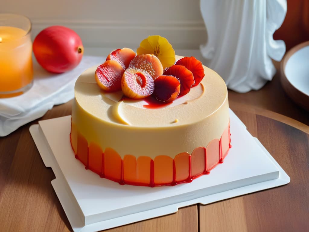  A closeup, ultradetailed image of a freshly baked guava cake, showcasing layers of moist sponge cake infused with guava puree, topped with a thin glaze of sweet guava jam and garnished with delicate slices of fresh guava fruit. The cake sits on a sleek, white ceramic plate, exuding a warm, inviting aroma that evokes memories of traditional guava desserts. The minimalistic presentation highlights the intricate textures and vibrant colors of the cake, making it a visually striking centerpiece that perfectly complements the article's focus on the rich culinary heritage of guava pastries. hyperrealistic, full body, detailed clothing, highly detailed, cinematic lighting, stunningly beautiful, intricate, sharp focus, f/1. 8, 85mm, (centered image composition), (professionally color graded), ((bright soft diffused light)), volumetric fog, trending on instagram, trending on tumblr, HDR 4K, 8K