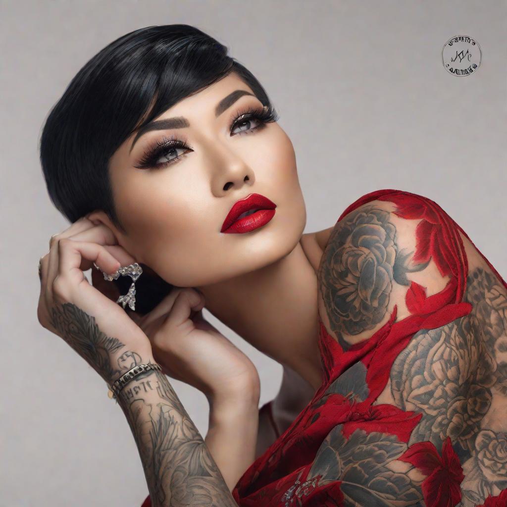  beautiful Asian female , upturned pointed nose, profile view, short hair, red lips, tattooed, , buxom, beautiful detailed eyes, professional award winning portrait photography, Zeiss 150mm f/ 2.8 Helbladdeta hyperrealistic, full body, detailed clothing, highly detailed, cinematic lighting, stunningly beautiful, intricate, sharp focus, f/1. 8, 85mm, (centered image composition), (professionally color graded), ((bright soft diffused light)), volumetric fog, trending on instagram, trending on tumblr, HDR 4K, 8K