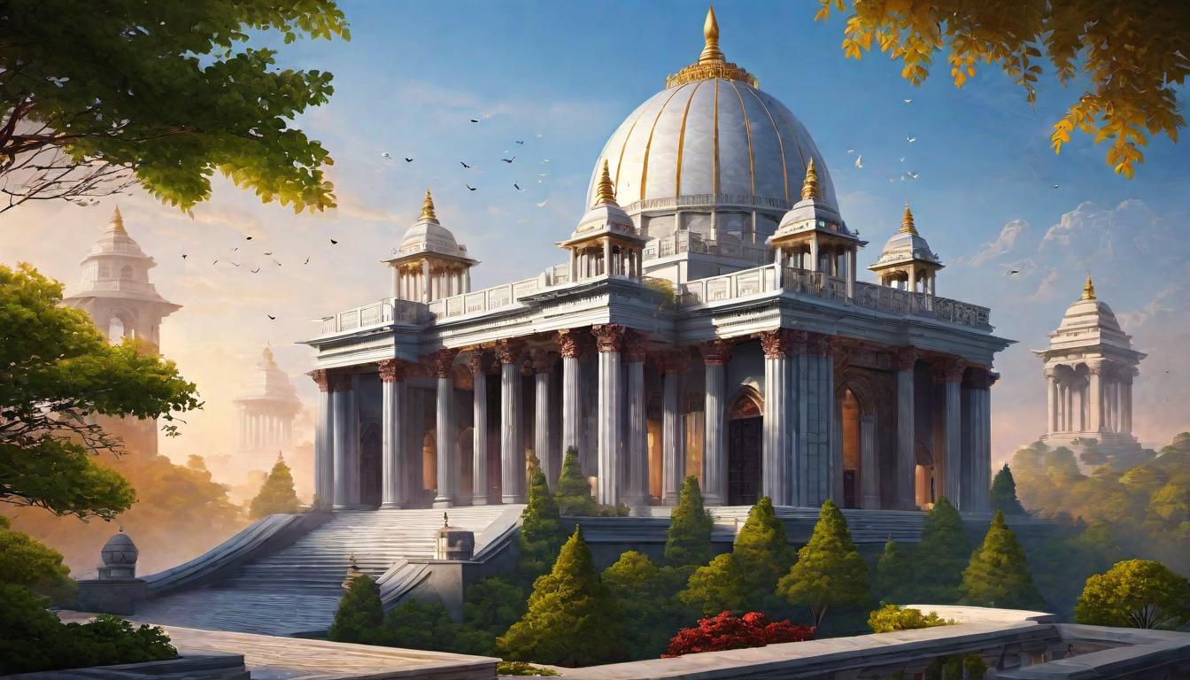  digital painting of The Temple as a confluence of divine human interaction, architectural elegance entwined with spiritual symbolism, crossroads of faith, transcendent bond looking at viewer, dynamic pose, (intricate details, masterpiece, best quality)