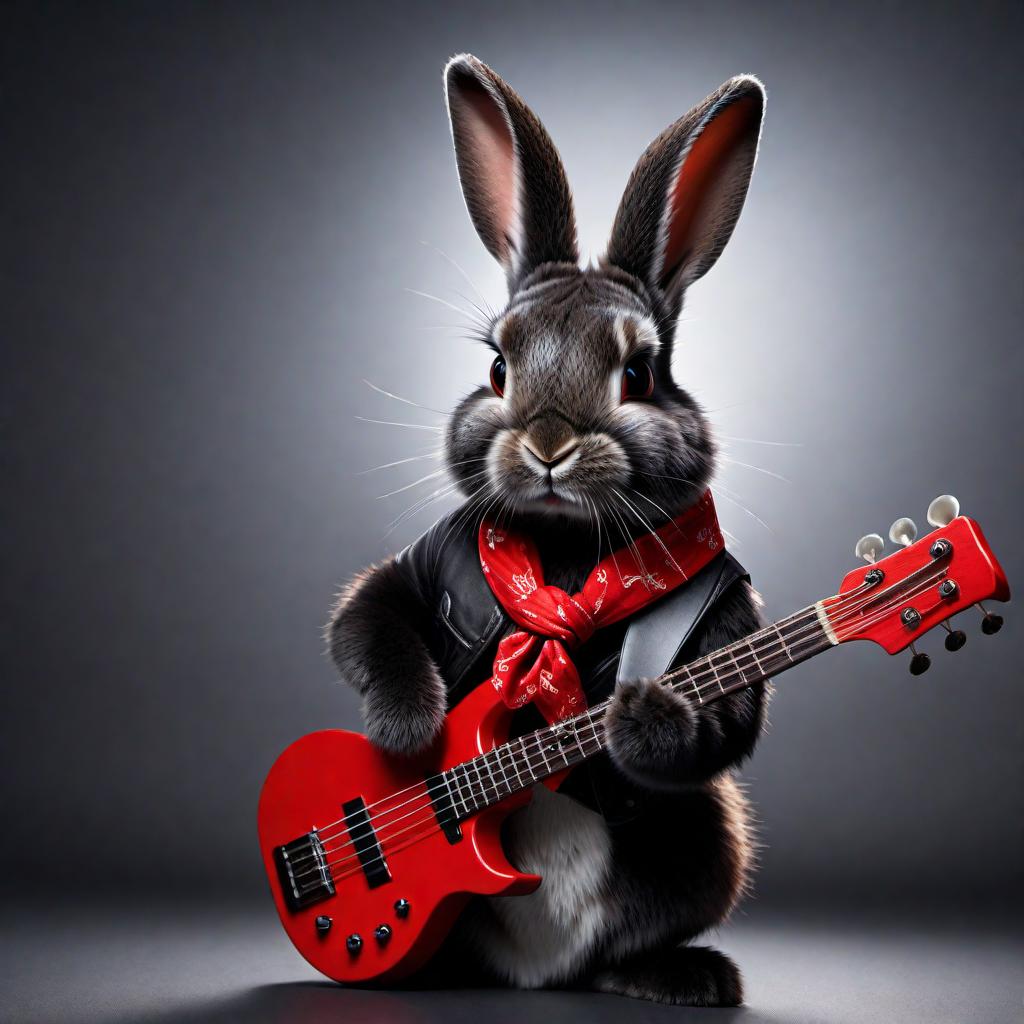  An image of a bunny rabbit with dark black fur, playing a bass guitar with a red bandana around its neck. The rabbit exudes a cool, rockstar vibe. hyperrealistic, full body, detailed clothing, highly detailed, cinematic lighting, stunningly beautiful, intricate, sharp focus, f/1. 8, 85mm, (centered image composition), (professionally color graded), ((bright soft diffused light)), volumetric fog, trending on instagram, trending on tumblr, HDR 4K, 8K