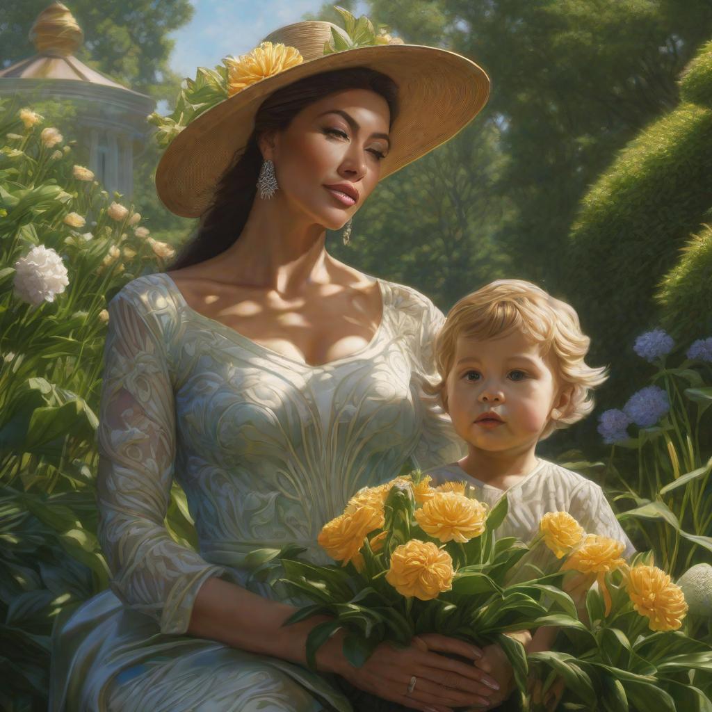  Un hijo con su mama en un jardin y el hijo le da una flor a su mama, realistic, portrait, art by donato giancola and greg rutkowski, realistic face, digital art, trending on artstation hyperrealistic, full body, detailed clothing, highly detailed, cinematic lighting, stunningly beautiful, intricate, sharp focus, f/1. 8, 85mm, (centered image composition), (professionally color graded), ((bright soft diffused light)), volumetric fog, trending on instagram, trending on tumblr, HDR 4K, 8K