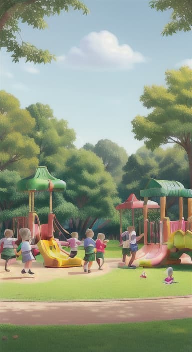  {Children playing in a sunny park with swings and slides., Same group of happy children, now wearing casual play clothes.