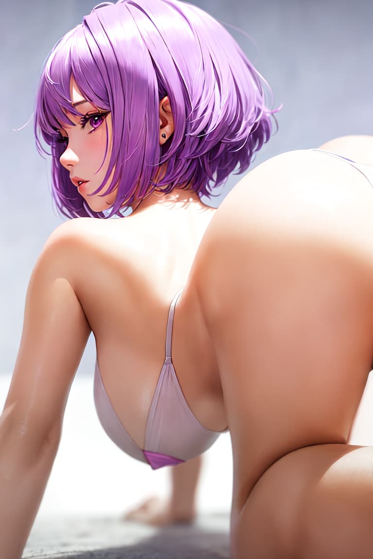  master piece , best quality,Light purple hair, short hair, having :1.3, , from behind:1.2, fellatio:1.2. :1.5, crawling on all fours