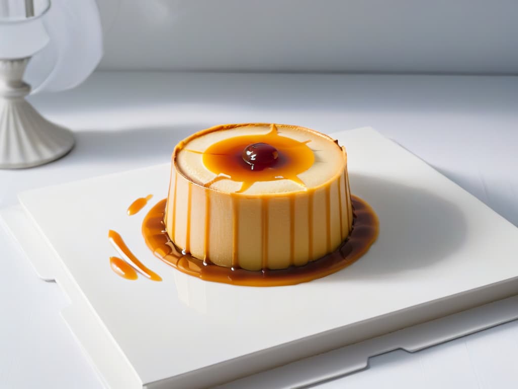  A minimalist and elegant image of a perfectly goldenbrown flan de vainilla, drizzled with a light caramel sauce and garnished with a single fresh vanilla bean on a sleek, modern white plate. The flan is set against a clean, white background with soft, natural lighting to highlight its smooth texture and enticing presentation. hyperrealistic, full body, detailed clothing, highly detailed, cinematic lighting, stunningly beautiful, intricate, sharp focus, f/1. 8, 85mm, (centered image composition), (professionally color graded), ((bright soft diffused light)), volumetric fog, trending on instagram, trending on tumblr, HDR 4K, 8K