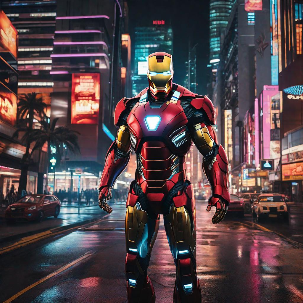  masterpiece, best quality, Best quality, masterpiece, 8k resolution, realistic, highly detailed, close up of Iron Man. In a cyberpunk-style night scene of the city, he stands on a street lined with tall buildings. The city's night lights are bright, The surrounding buildings and streets are filled with cyberpunk elements such as neon lights, high-tech devices, and futuristic architectural designs.