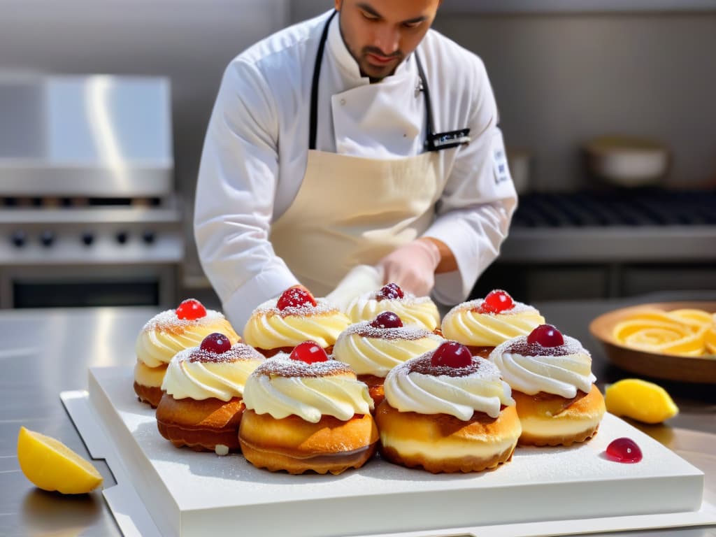  A photorealistic image of a pastry chef meticulously crafting a fusion dessert that combines elements of a cronut and a cruffin, showcasing the innovative techniques and creativity in contemporary pastry making. The chef is surrounded by an array of colorful ingredients and tools, with soft natural light illuminating the scene, highlighting the precision and artistry involved in modern pastry innovation. hyperrealistic, full body, detailed clothing, highly detailed, cinematic lighting, stunningly beautiful, intricate, sharp focus, f/1. 8, 85mm, (centered image composition), (professionally color graded), ((bright soft diffused light)), volumetric fog, trending on instagram, trending on tumblr, HDR 4K, 8K