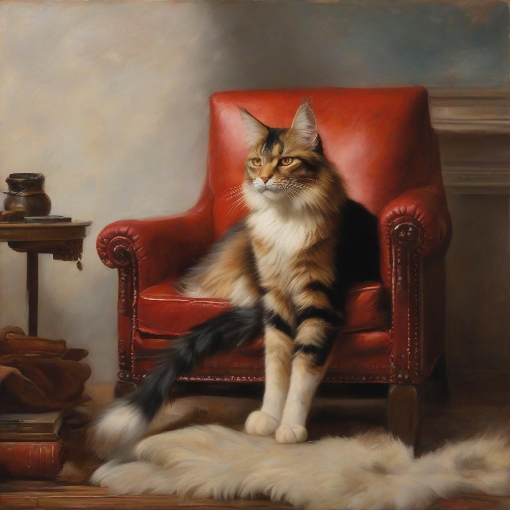  Painting, a beautiful ((red haired Main Coon breed cat)), ((clear lines in drawing eyes, ears, nose, mustache and muzzle)), lies on a ((beautiful red, leather armchair)), in a ((English study with a fireplace)), oil painting, ((Impressionist style)), in the style of Paul Cézanne, high level of brushstroke detail. hyperrealistic, full body, detailed clothing, highly detailed, cinematic lighting, stunningly beautiful, intricate, sharp focus, f/1. 8, 85mm, (centered image composition), (professionally color graded), ((bright soft diffused light)), volumetric fog, trending on instagram, trending on tumblr, HDR 4K, 8K