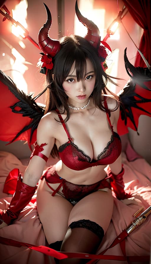  Red sexy lingerie, cute female college student, garter belt, knee high stockings, sexy, horns, background inflammation, red bat wings, (Masterpiece, BestQuality:1.3), (ultra detailed:1.2), (hyperrealistic:1.3), (RAW photo:1.2),High detail RAW color photo, professional photograph, (Photorealistic:1.4), (realistic:1.4), ,professional lighting, (japanese), beautiful face, (realistic face)