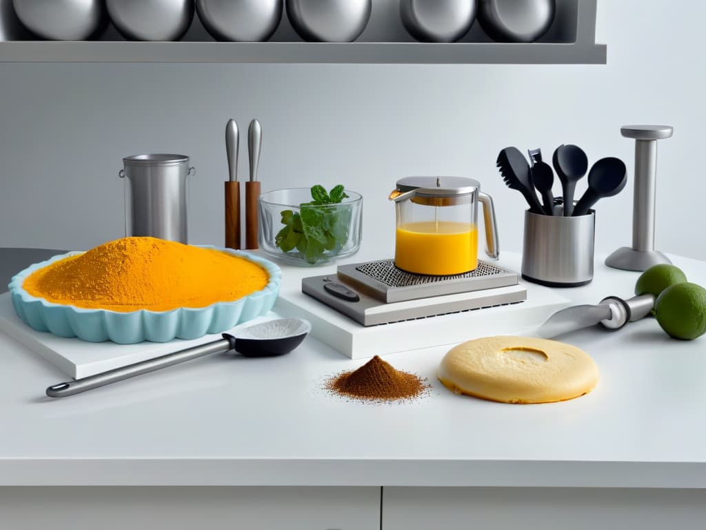  A highresolution, ultradetailed image of a sleek, modern kitchen countertop adorned with an array of essential pastry tools and utensils meticulously arranged in an organized and visually appealing manner. The image showcases items such as measuring cups, rolling pins, pastry brushes, piping bags, cookie cutters, and whisks, all in a cohesive color palette of pastel tones, exuding a sense of professionalism and precision. Each tool is strategically positioned to create a visually striking yet minimalistic composition, emphasizing the importance of having the right equipment for successful baking endeavors. hyperrealistic, full body, detailed clothing, highly detailed, cinematic lighting, stunningly beautiful, intricate, sharp focus, f/1. 8, 85mm, (centered image composition), (professionally color graded), ((bright soft diffused light)), volumetric fog, trending on instagram, trending on tumblr, HDR 4K, 8K