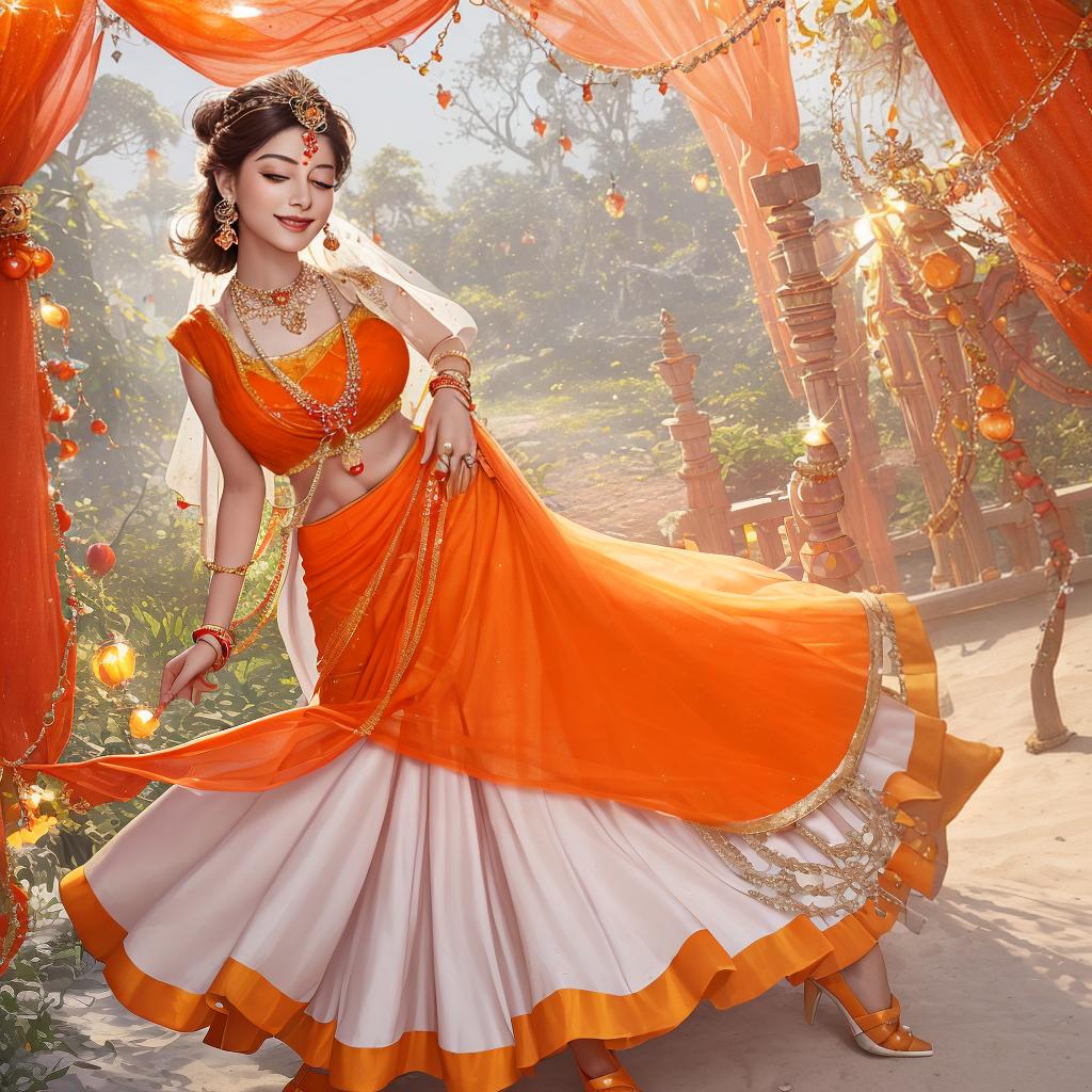  masterpiece, best quality, (Fidelity: 1.4), Best Quality, Masterpiece, Ultra High Resolution, 8k resolution, Digital art photograph of a full body realistic beautiful smiling India woman standing and lift up face to the sky and close the eyes, wild angle, White, bright skin with aura, dressed in a orange sari with super make up and red shoes, sparkling and glow red crystal Necklaces, bracelets, rings, earrings with Indian hair accessories, surround by sparkling and glow orange fruit in the land of fairy, fairy tale atmosphere, light shiny bogeh background