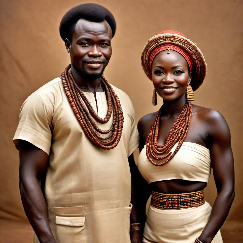  Create an image of a beautiful Pygmy couple from the Congo. They should be proportionately small but well-built, showcasing the unique stature characteristic of Pygmy tribes. Both individuals should look happy and confident, wearing traditional attire that represents their culture. The image should capture their natural environment and the grace and beauty inherent in their heritage. hyperrealistic, full body, detailed clothing, highly detailed, cinematic lighting, stunningly beautiful, intricate, sharp focus, f/1. 8, 85mm, (centered image composition), (professionally color graded), ((bright soft diffused light)), volumetric fog, trending on instagram, trending on tumblr, HDR 4K, 8K