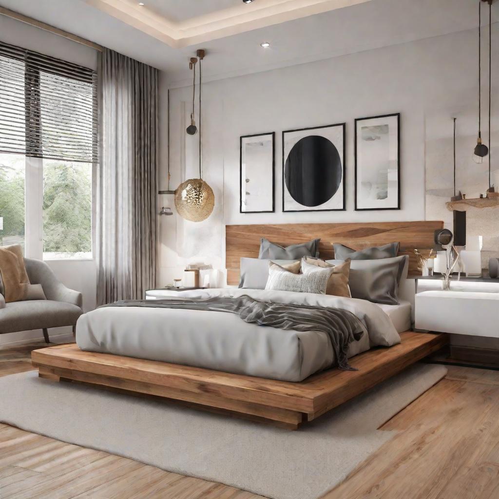   Envision a serene bedroom with a platform bed, bamboo flooring, and soft lighting, evoking tranquility and simplicity. 8k, cinematic lighting, HDR