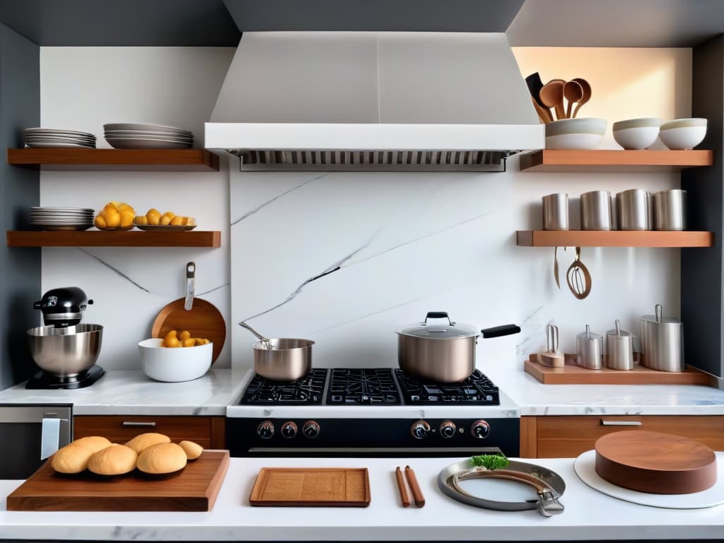  An ultradetailed image of a sleek, modern kitchen filled with traditional baking tools like wooden rolling pins, vintage measuring cups, and a classic stand mixer juxtaposed against trendy elements such as geometric shelves, marble countertops, and copper accents. The image showcases a seamless blend of old and new, embodying the essence of transforming traditional pastry recipes into modern culinary masterpieces. hyperrealistic, full body, detailed clothing, highly detailed, cinematic lighting, stunningly beautiful, intricate, sharp focus, f/1. 8, 85mm, (centered image composition), (professionally color graded), ((bright soft diffused light)), volumetric fog, trending on instagram, trending on tumblr, HDR 4K, 8K