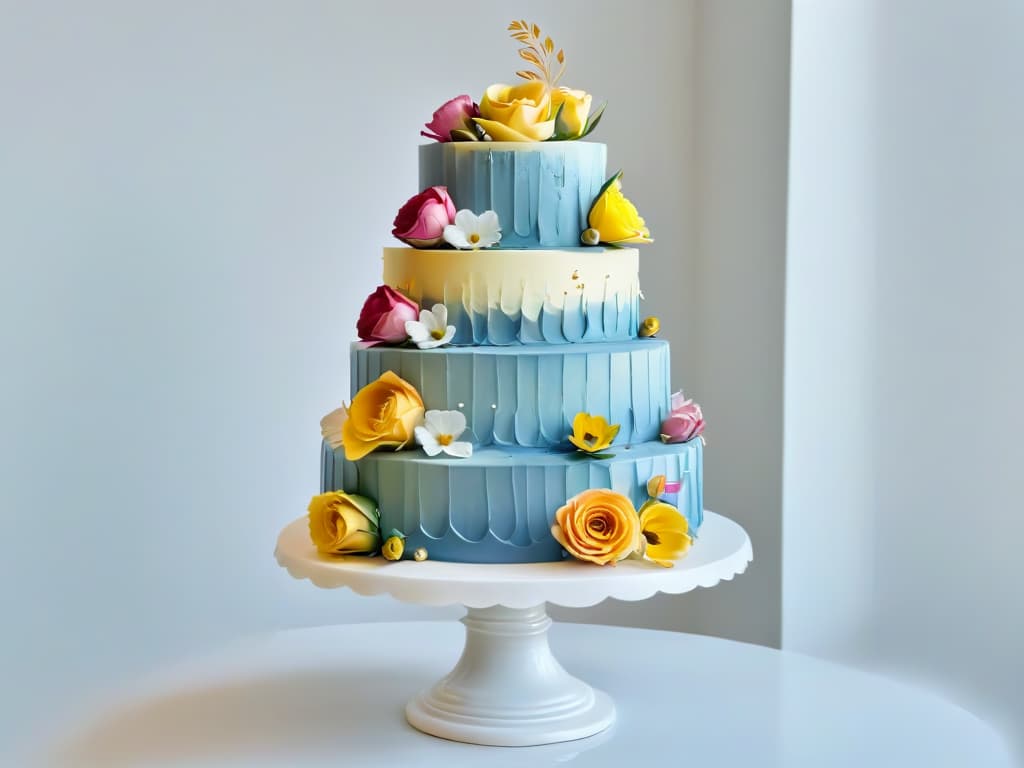  An ultradetailed closeup image of a perfectly glazed and decorated multitiered wedding cake, showcasing intricate floral piping details, delicate fondant ribbon accents, and shimmering edible gold leaf embellishments. The cake sits on a pristine white pedestal against a softfocus background, with the light catching every meticulous edge and curve, highlighting the craftsmanship and artistry involved in creating such a masterpiece. hyperrealistic, full body, detailed clothing, highly detailed, cinematic lighting, stunningly beautiful, intricate, sharp focus, f/1. 8, 85mm, (centered image composition), (professionally color graded), ((bright soft diffused light)), volumetric fog, trending on instagram, trending on tumblr, HDR 4K, 8K