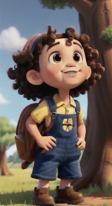  {Riley looking up at the tree with a big smile, animals surrounding them., Riley, a curious with big brown eyes and curly hair, wearing overalls and carrying a small backpack. Their friend, Skye, a bluebird with shiny feathers.