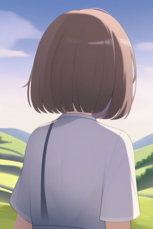  Cute , see the valley of , Bob cut, brown hair, purple eyes, big s, look at the from behind