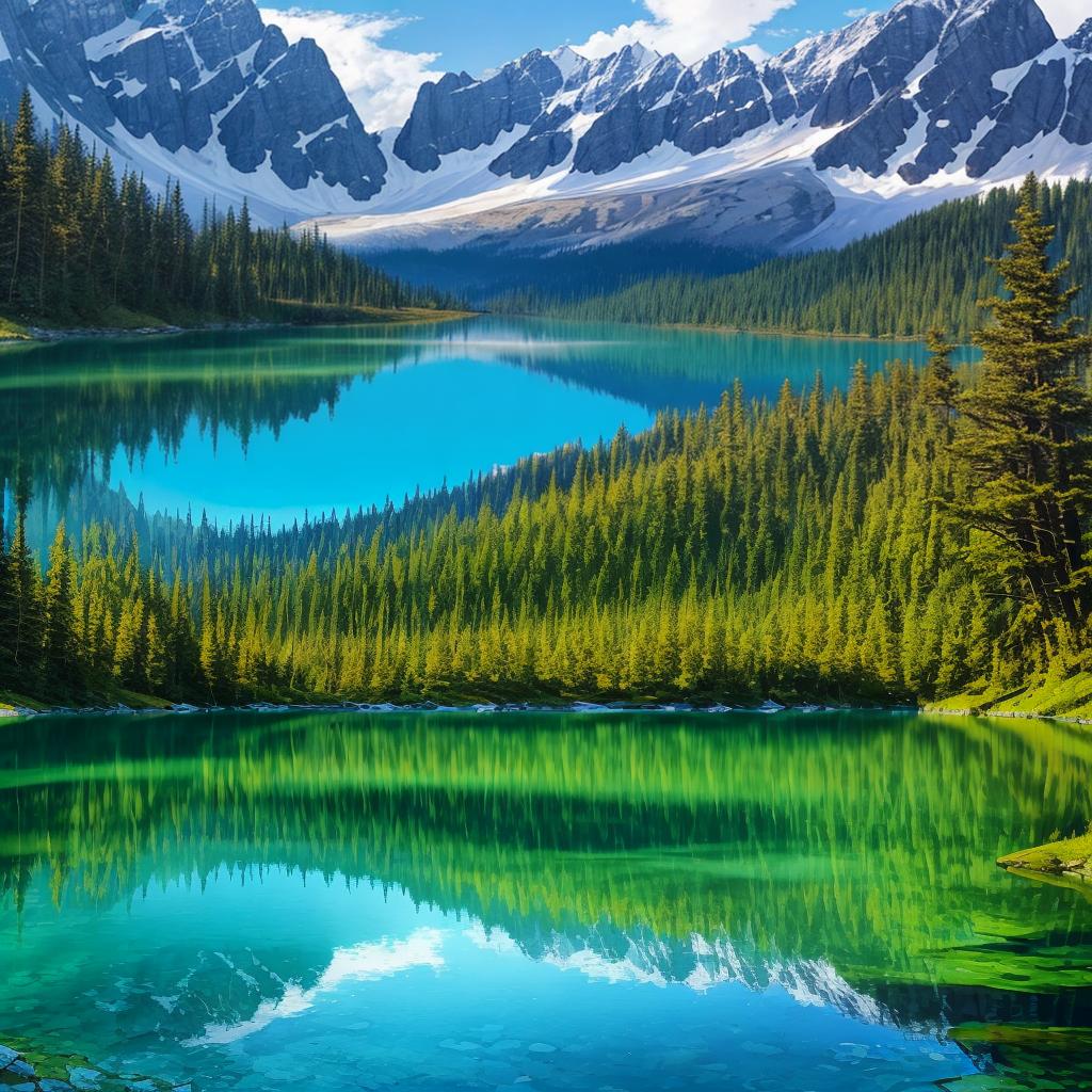  as a painting, Convey the serene majesty of towering mountains reflected in the crystal-clear waters of a tranquil alpine lake, using your unique artistic vision to evoke a sense of awe and tranquility.