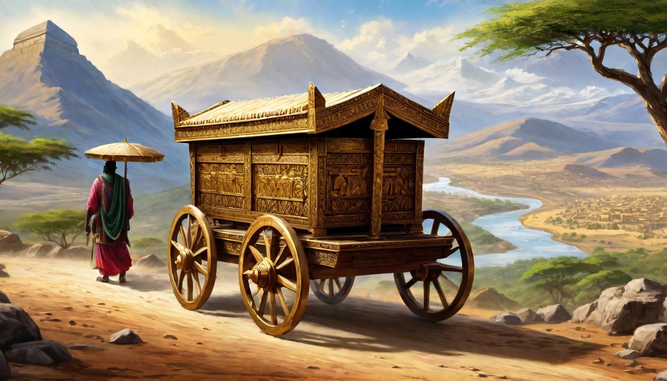  digital painting of The Ark of the Covenant, detailed and ornate, being transported on a wooden cart, Ethiopian landscape, rugged mountains in the background, sense of movement, historical importance looking at viewer, dynamic pose, (intricate details, masterpiece, best quality)