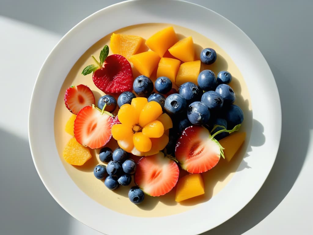  A highresolution, ultradetailed image of a delicate, intricately designed dessert plate showcasing a vibrant array of colorful fruits and herbs sourced locally. The fruits are perfectly arranged in a visually appealing manner, with each piece glistening under a soft, natural light. The herbs are fresh and fragrant, adding a touch of greenery to the overall composition. The plate itself is elegant and modern, emphasizing the beauty of the locally sourced ingredients. This image exudes a sense of freshness, sustainability, and culinary artistry, making it a perfect fit for an article on sustainable desserts with local ingredients. hyperrealistic, full body, detailed clothing, highly detailed, cinematic lighting, stunningly beautiful, intricate, sharp focus, f/1. 8, 85mm, (centered image composition), (professionally color graded), ((bright soft diffused light)), volumetric fog, trending on instagram, trending on tumblr, HDR 4K, 8K