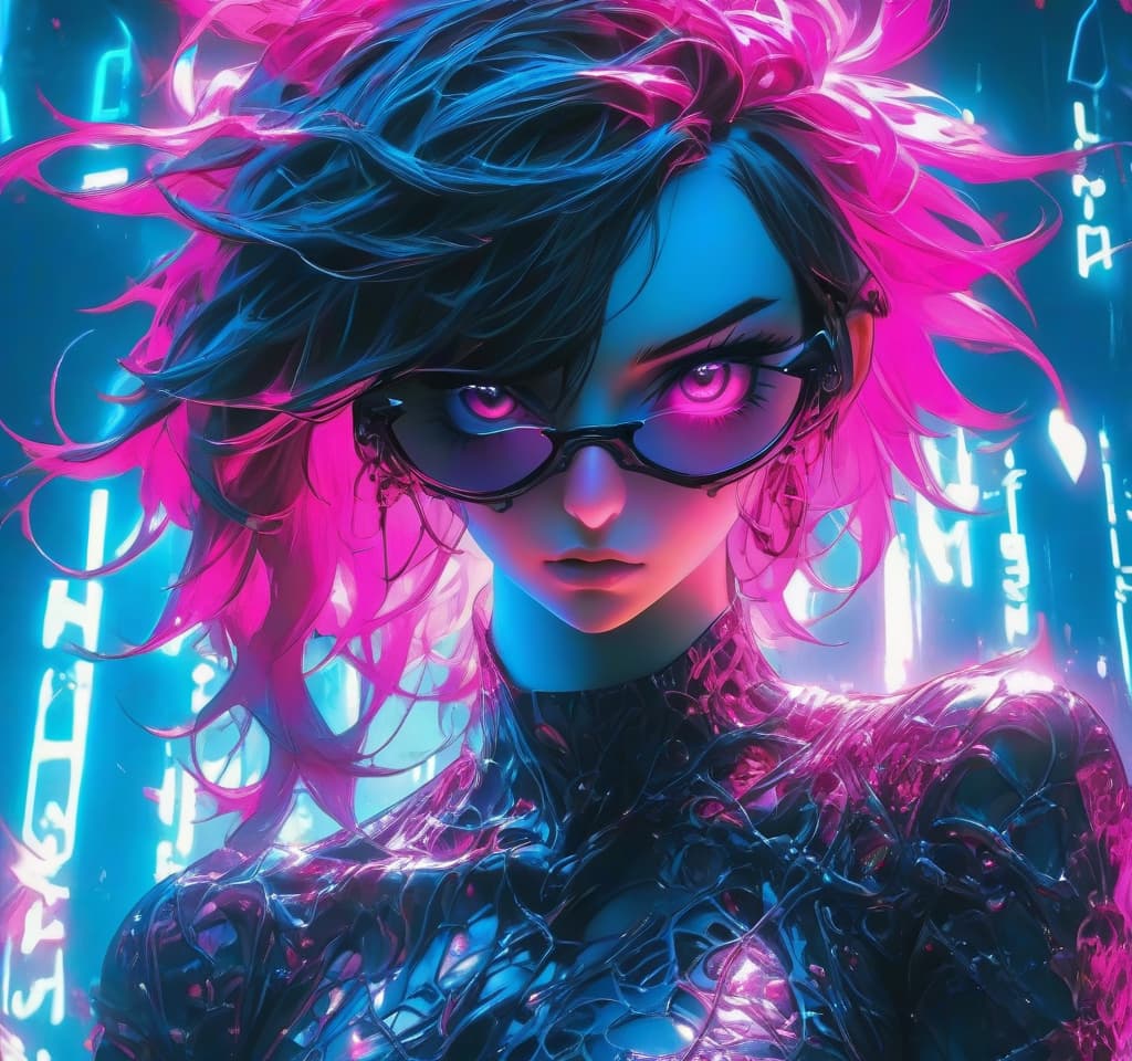  a girl with pink eyes standing in front of a blue light, anime epic artwork, technological sunglasses, malicious, wlop : :, bright blue glowing water, rage, black square glasses, corrupted, streaming on twitch, 2 d cg, || very anime, unknown, malevolent, ecchi hyperrealistic, full body, detailed clothing, highly detailed, cinematic lighting, stunningly beautiful, intricate, sharp focus, f/1. 8, 85mm, (centered image composition), (professionally color graded), ((bright soft diffused light)), volumetric fog, trending on instagram, trending on tumblr, HDR 4K, 8K