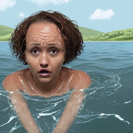  tanned woman's forehead with short and curly hair is in the water she's panic she's sinking and drowning