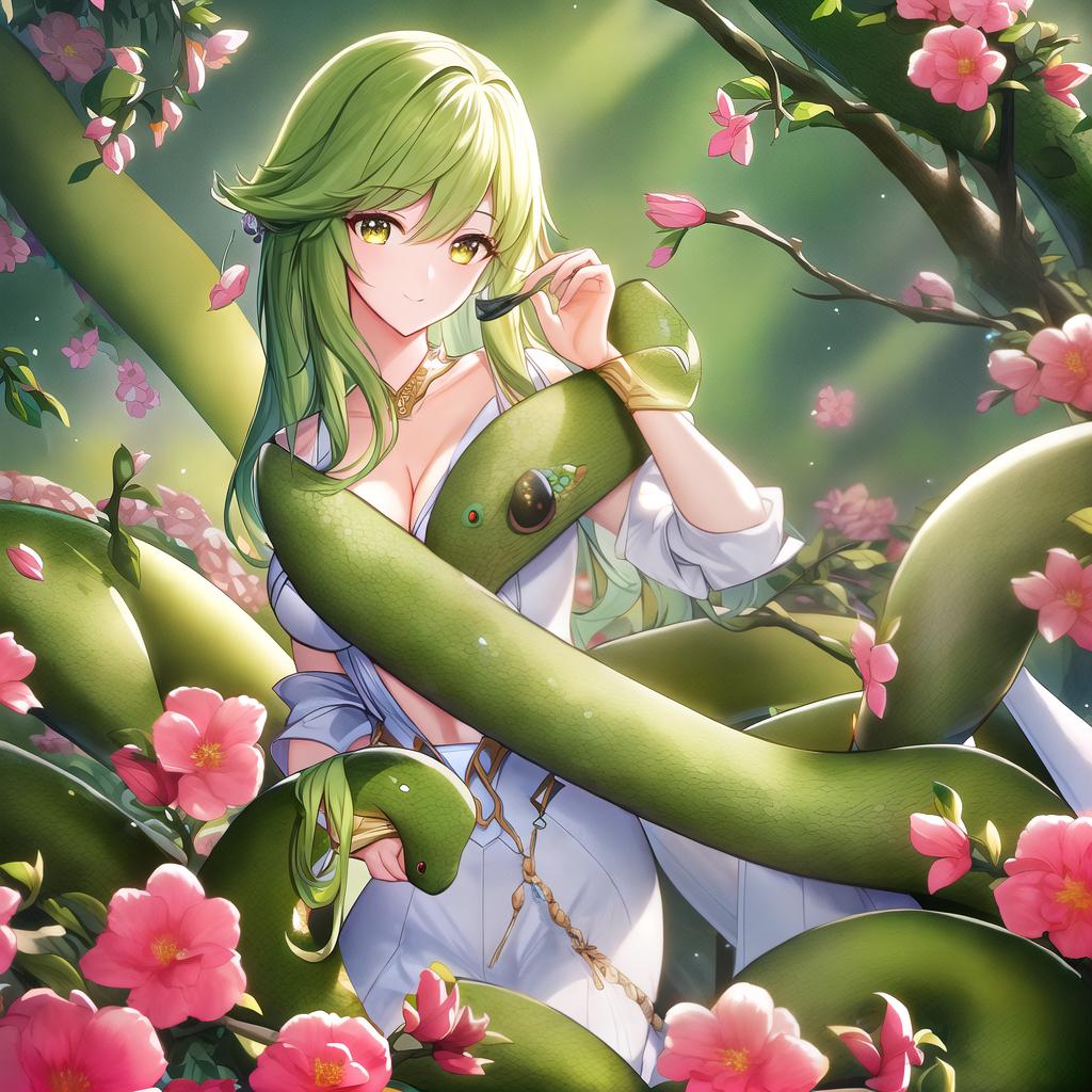 A cute cartoon snake in a ((masterpiece)),(((best quality))), 8k, high detailed, ultra-detailed. The snake is coiled up on a tree branch, surrounded by colorful flowers and lush green leaves. The sunlight filters through the foliage, casting a warm glow on the scene. hyperrealistic, full body, detailed clothing, highly detailed, cinematic lighting, stunningly beautiful, intricate, sharp focus, f/1. 8, 85mm, (centered image composition), (professionally color graded), ((bright soft diffused light)), volumetric fog, trending on instagram, trending on tumblr, HDR 4K, 8K