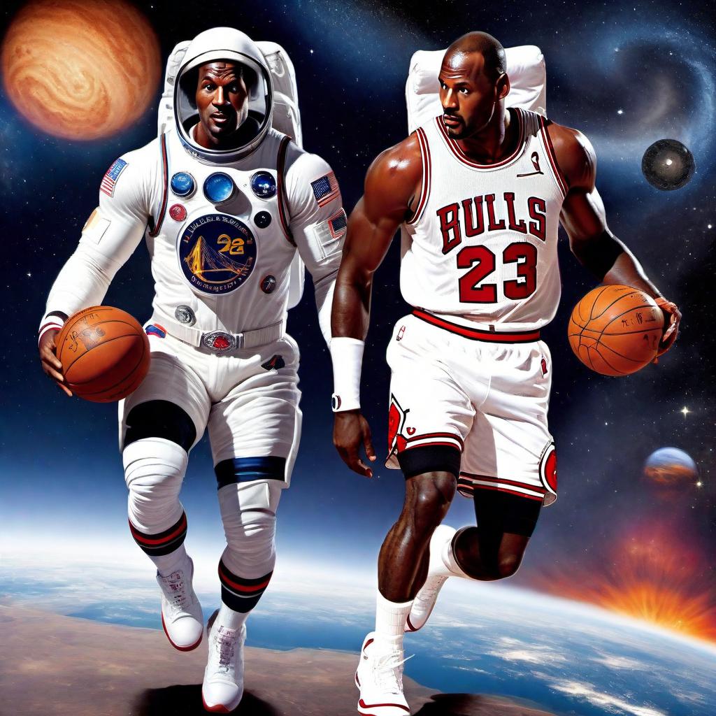  Create an image of Michael Jordan and LeBron James playing basketball in space. They should be wearing space suits adapted for basketball, with helmets off, showcasing their recognizable features. The background should depict a surreal scene of space, complete with stars, planets, and a distant view of Earth. Michael Jordan should be in a Chicago Bulls uniform and LeBron James in a Los Angeles Lakers uniform. They should appear to be in zero gravity, maybe with Jordan doing his classic dunk and LeBron preparing to block. The ball should be floating in the air between them, highlighting the zero-gravity environment. hyperrealistic, full body, detailed clothing, highly detailed, cinematic lighting, stunningly beautiful, intricate, sharp focus, f/1. 8, 85mm, (centered image composition), (professionally color graded), ((bright soft diffused light)), volumetric fog, trending on instagram, trending on tumblr, HDR 4K, 8K