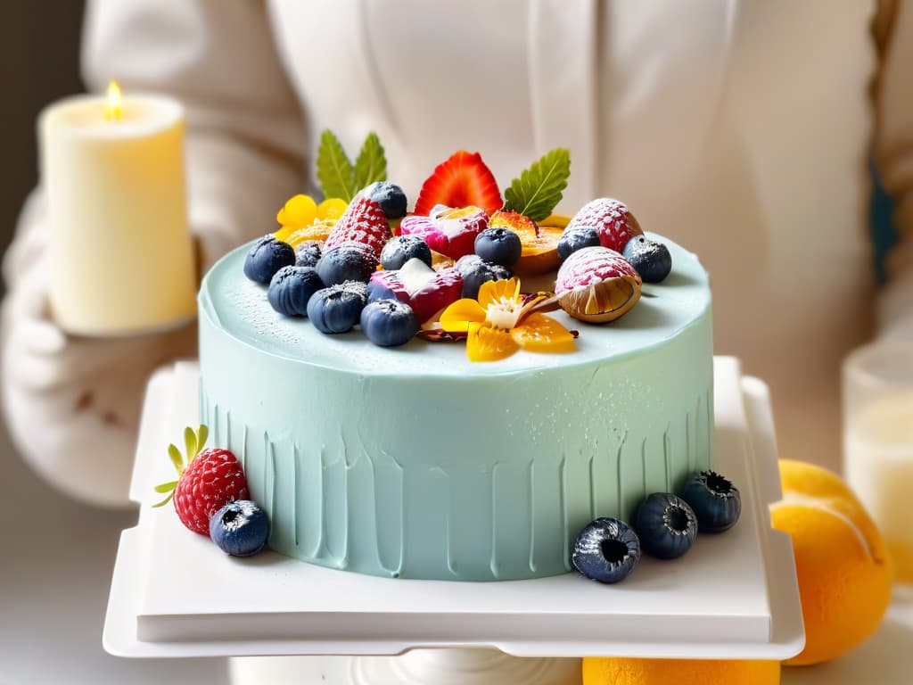  A closeup, ultradetailed image of a beautifully decorated glutenfree cake with intricate floral designs made of fresh fruits, nuts, and edible flowers, set on a sleek, minimalist white cake stand against a soft, blurred background that highlights the vibrant colors and textures of the ingredients. The image captures the artistry and elegance of glutenfree baking, showcasing the meticulous craftsmanship and creativity involved in creating healthy, visually stunning desserts. hyperrealistic, full body, detailed clothing, highly detailed, cinematic lighting, stunningly beautiful, intricate, sharp focus, f/1. 8, 85mm, (centered image composition), (professionally color graded), ((bright soft diffused light)), volumetric fog, trending on instagram, trending on tumblr, HDR 4K, 8K