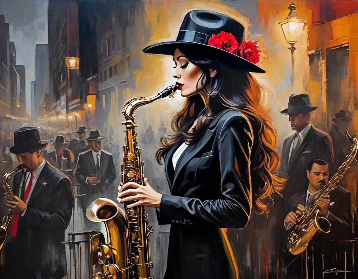  abstract expressionist painting An exquisite depiction of woman in a black hat playing the saxophone, with Louis Jover and Drew Darcy inspired style. The artwork is highly detailed, elegant, and intricate, featuring dynamic lighting and imperial colors. It is a stunning piece with a surreal and ultra realistic touch, created using oil on canvas with a focus on sharp details . energetic brushwork, bold colors, abstract forms, expressive, emotional hyperrealistic, full body, detailed clothing, highly detailed, cinematic lighting, stunningly beautiful, intricate, sharp focus, f/1. 8, 85mm, (centered image composition), (professionally color graded), ((bright soft diffused light)), volumetric fog, trending on instagram, trending on tumblr, HDR 4K, 8K