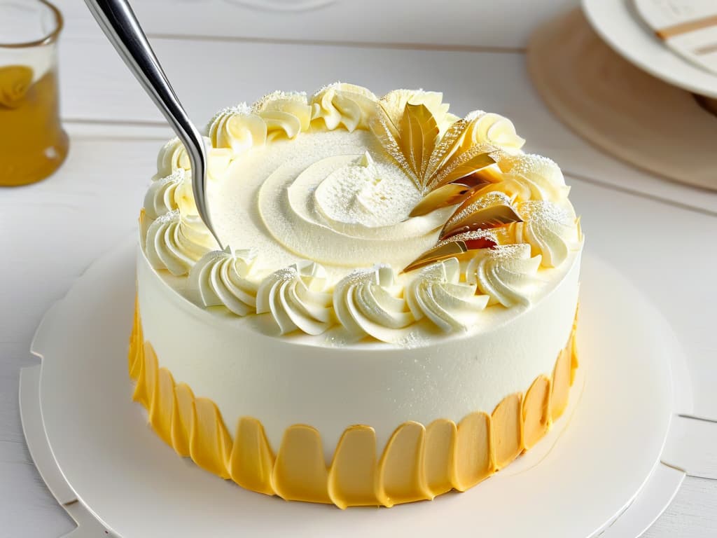  An ultradetailed closeup image of a delicate pastry brush gently gliding over a perfectly textured cake, with subtle brush strokes visible on the surface, showcasing the artistry and precision involved in using essential oils for texturizing desserts. The brush bristles are pristine and fine, capturing the essence of professional craftsmanship in pastrymaking. The cake's texture appears flawless and inviting, hinting at the transformative power of essential oils in elevating the sensory experience of sweet treats. The overall aesthetic is minimalist yet elegant, emphasizing the importance of attention to detail in the culinary world. hyperrealistic, full body, detailed clothing, highly detailed, cinematic lighting, stunningly beautiful, intricate, sharp focus, f/1. 8, 85mm, (centered image composition), (professionally color graded), ((bright soft diffused light)), volumetric fog, trending on instagram, trending on tumblr, HDR 4K, 8K