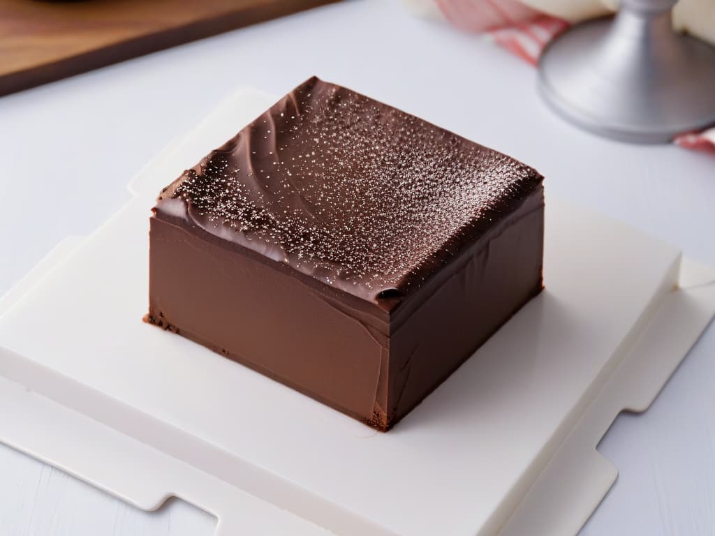  A minimalist closeup image of a velvety smooth square of chocolate fudge, topped with a sprinkle of cocoa powder. The fudge is perfectly cut, showcasing its dense and creamy texture, with a glossy sheen that reflects light delicately. The background is a soft, neutral color to enhance the rich brown tones of the fudge, creating a visually appealing and appetizing composition. hyperrealistic, full body, detailed clothing, highly detailed, cinematic lighting, stunningly beautiful, intricate, sharp focus, f/1. 8, 85mm, (centered image composition), (professionally color graded), ((bright soft diffused light)), volumetric fog, trending on instagram, trending on tumblr, HDR 4K, 8K