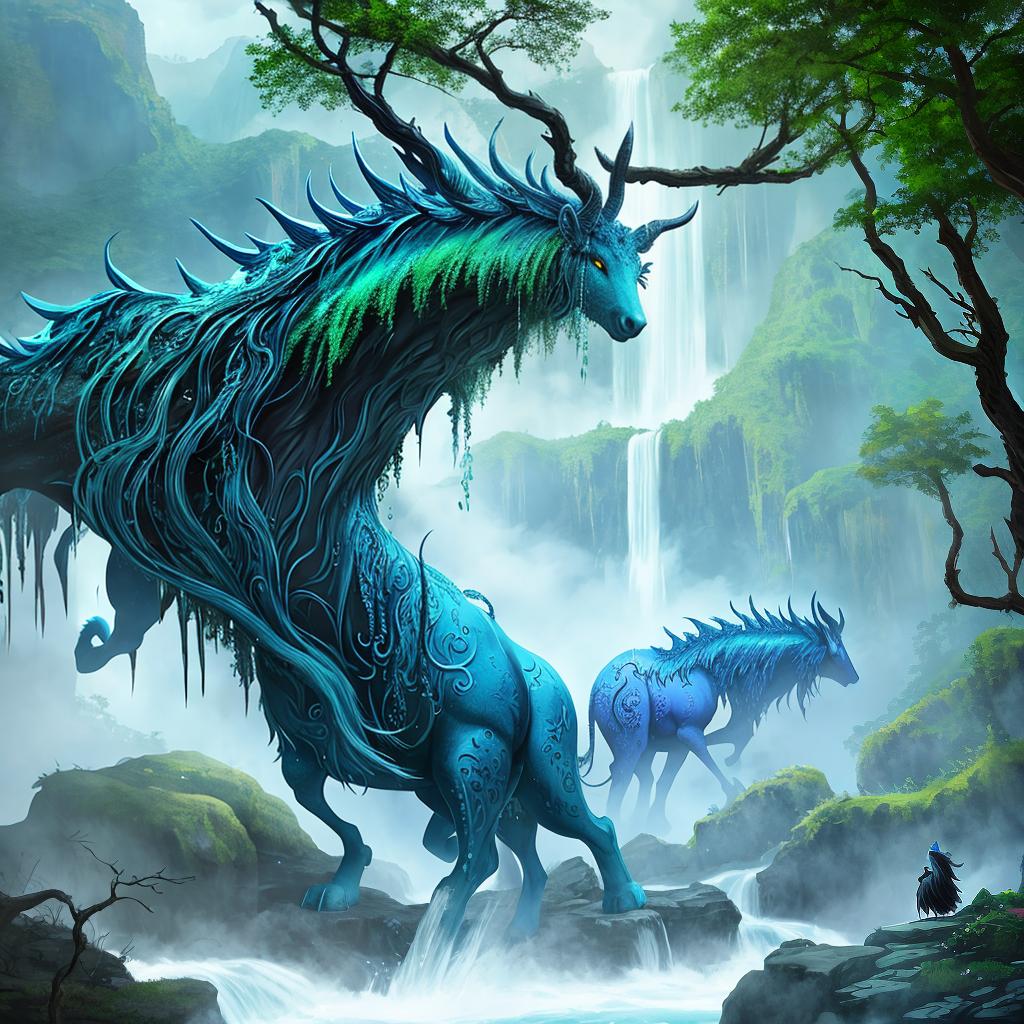  in a fantasy setting, Paint a surreal landscape where mythical beasts roam amidst cascading waterfalls.