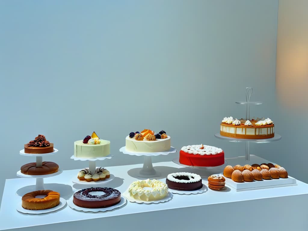  A highresolution image of a sleek, modern photography studio with soft, diffused lighting illuminating a beautifully crafted dessert display. The scene features a pristine marble countertop adorned with a variety of delectable pastries and cakes, casting a gentle glow that highlights the intricate details and textures of the sweets. The overall ambiance is serene and elegant, capturing the essence of professional food photography with a minimalist aesthetic. hyperrealistic, full body, detailed clothing, highly detailed, cinematic lighting, stunningly beautiful, intricate, sharp focus, f/1. 8, 85mm, (centered image composition), (professionally color graded), ((bright soft diffused light)), volumetric fog, trending on instagram, trending on tumblr, HDR 4K, 8K