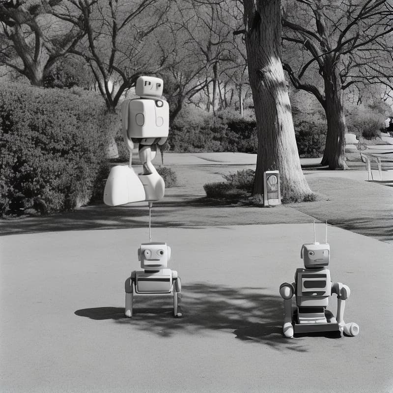 analog style a robot sitting in a park.