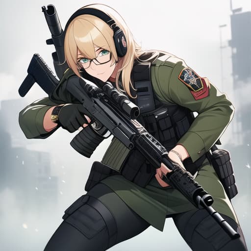  1boy, best quality, uniform, microphone, assault rifle, thigh holster, military uniform, weapon, skirt, glasses, gloves, animal, pug, krag jorgensen, m1911, dog, first aid kit, pantyhose, snake, long sleeves, fn fal, green skirt, military, m60, rifle, bandages, long hair, blonde hair, military operator, load bearing vest, handgun, watch, machine gun, solo, holster, short hair, bandage over one eye, headset, gun, green eyes, masterpiece, newest, absurdres, safe hyperrealistic, full body, detailed clothing, highly detailed, cinematic lighting, stunningly beautiful, intricate, sharp focus, f/1. 8, 85mm, (centered image composition), (professionally color graded), ((bright soft diffused light)), volumetric fog, trending on instagram, trending on tumblr, HDR 4K, 8K