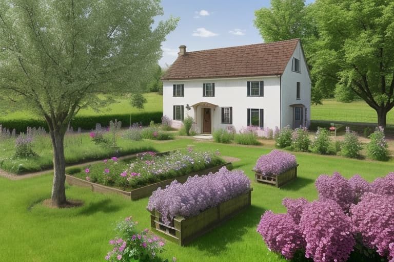  A farmhouse with a lilac growing over it and a cherry orchard with a raised garden bed