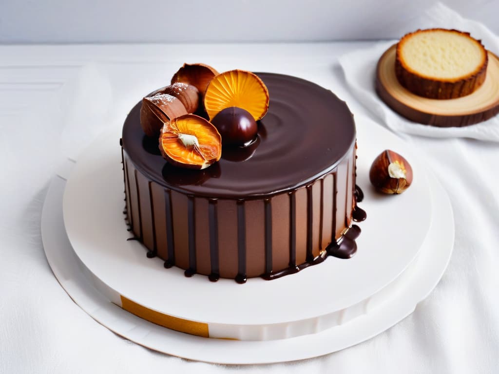  A highresolution, minimalist image of a luxurious chocolate and chestnut cake displayed on a sleek, modern white plate. The cake is elegantly decorated with whole chestnuts and drizzled with glossy chocolate ganache, set against a clean, white backdrop to emphasize its exclusivity and sophistication. hyperrealistic, full body, detailed clothing, highly detailed, cinematic lighting, stunningly beautiful, intricate, sharp focus, f/1. 8, 85mm, (centered image composition), (professionally color graded), ((bright soft diffused light)), volumetric fog, trending on instagram, trending on tumblr, HDR 4K, 8K