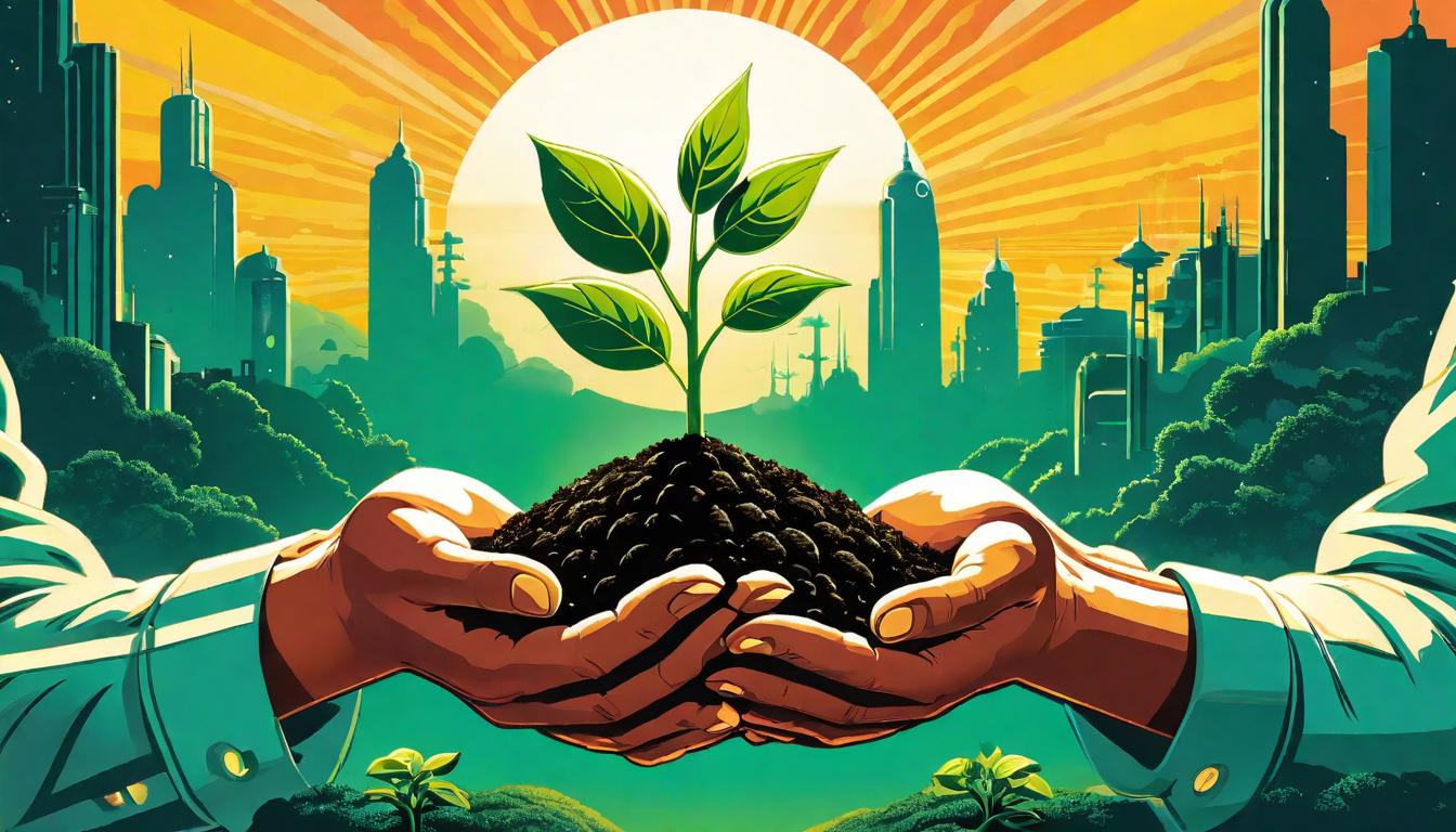  retro futuristic Hands holding soil from which sprouts a vibrant green sapling, against the backdrop of a rising sun. The hands nurturing growth represent personal practices aiding the earth’s energy. Rising sun, nurturing growth, Earth’s frequencies rising. lvintage sci fi, 50s and 60s style, atomic age, vibrant, highly detailed