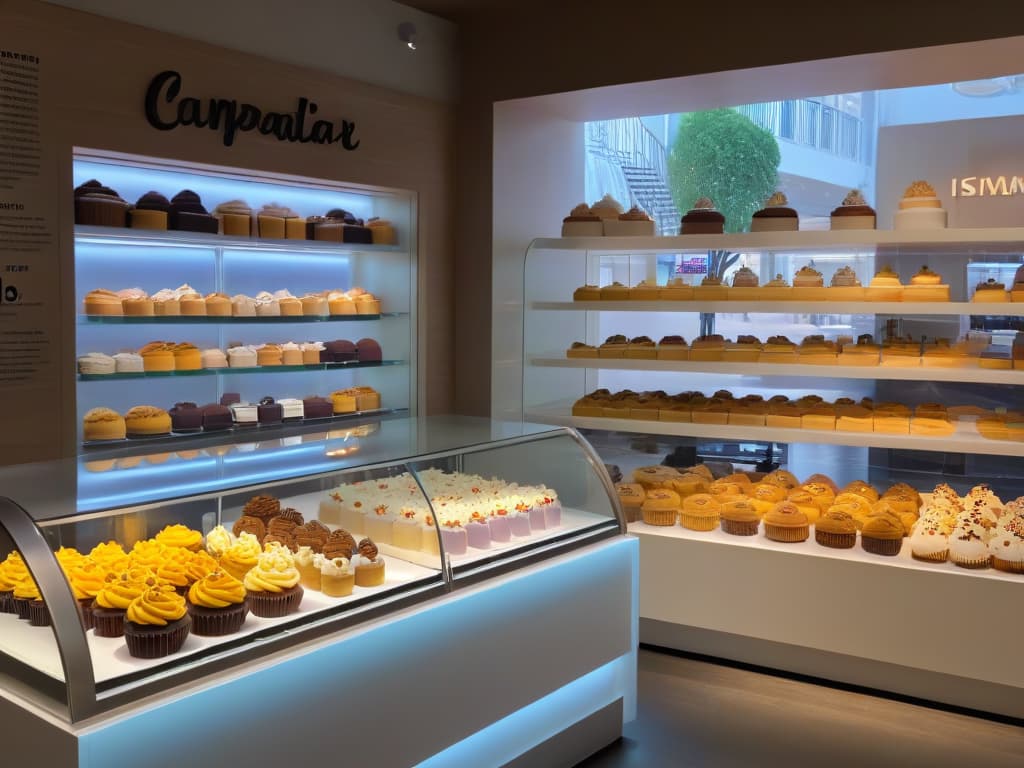  An ultradetailed, 8k resolution image of a sleek, modern bakery storefront with large glass windows showcasing a variety of themed merchandise such as cupcakeshaped pillows, cookie jars in the shape of famous landmarks, and cake stands with intricate floral patterns. The storefront is adorned with minimalistic signage in elegant typography, inviting customers with a sophisticated and appealing visual aesthetic. hyperrealistic, full body, detailed clothing, highly detailed, cinematic lighting, stunningly beautiful, intricate, sharp focus, f/1. 8, 85mm, (centered image composition), (professionally color graded), ((bright soft diffused light)), volumetric fog, trending on instagram, trending on tumblr, HDR 4K, 8K